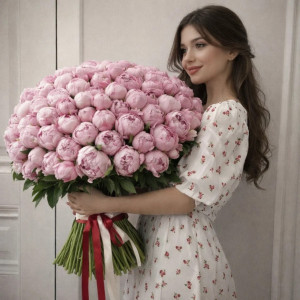 101 розовый пион с лентами