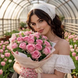 19 розовых роз с зеленью и упаковкой